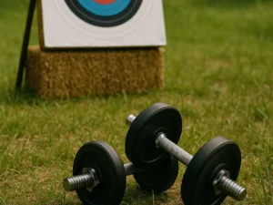 Pesas sobre césped junto a una diana de tiro con arco, simbolizando la preparación física en tiro con arco