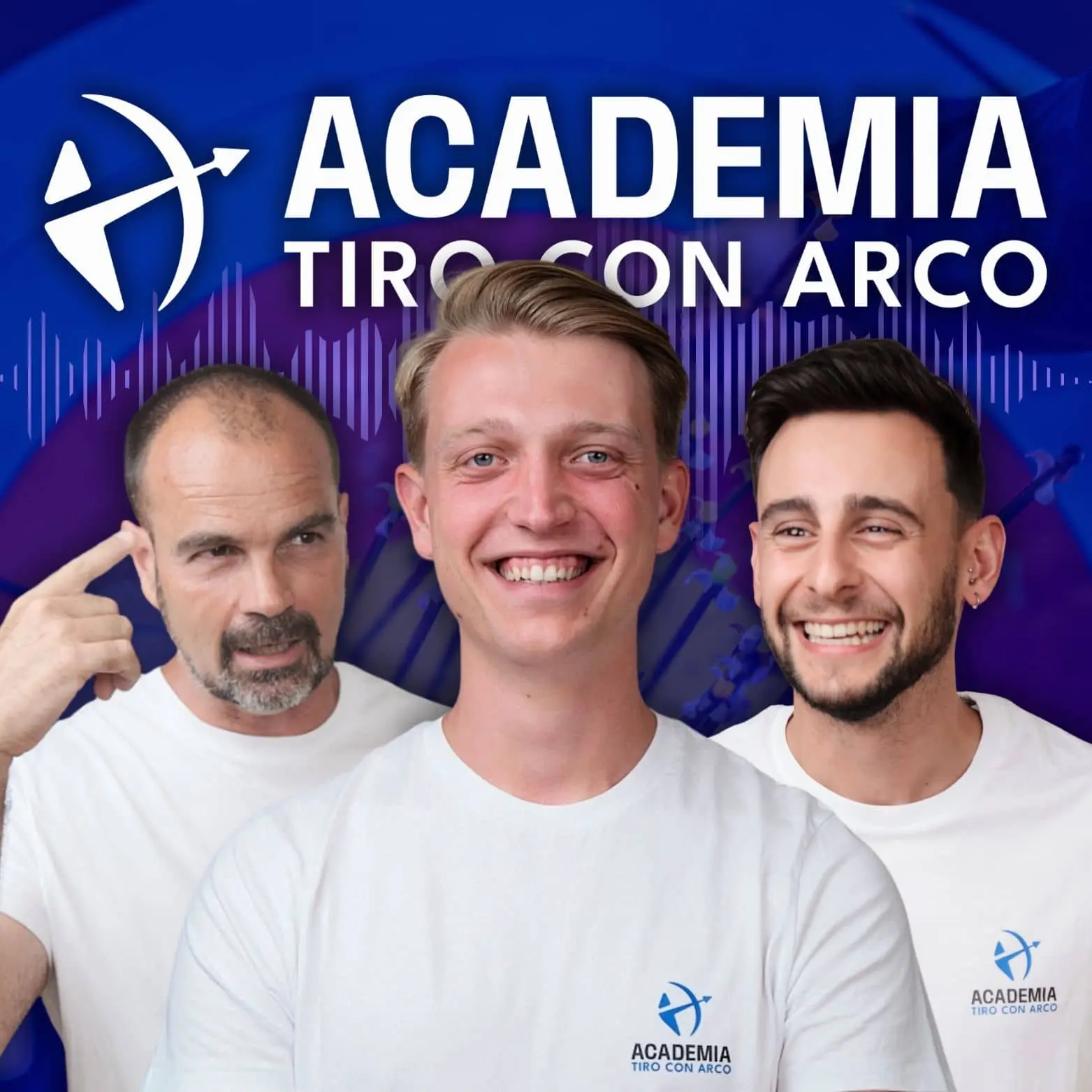 Portada del Podcast de tiro con arco "charlando de tiro con arco" de la Academia con los 3 instructores principales