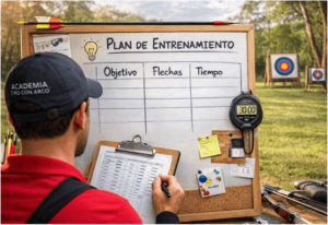 Representación de un usuario de la academia tiro con arco planificando su entrenamiento con las estrategias y variables de entrenamiento de tiro con arco.