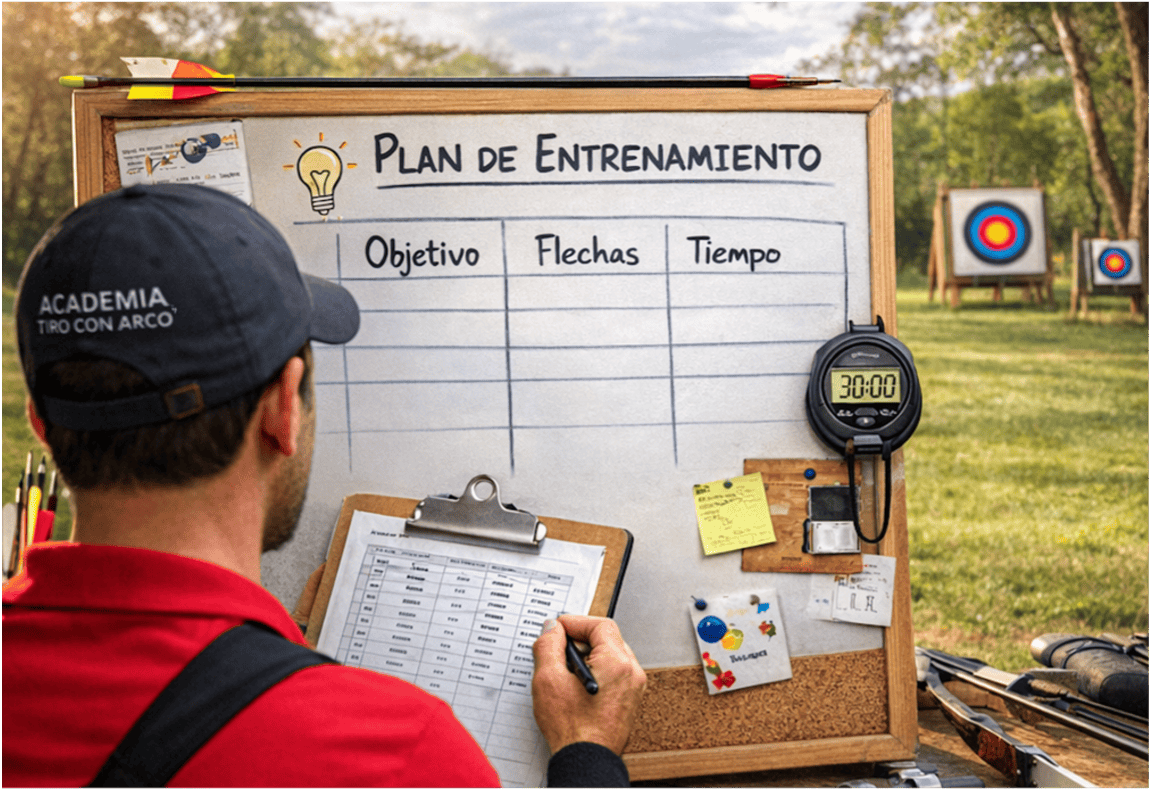 Representación de un usuario de la academia tiro con arco planificando su entrenamiento con las estrategias y variables de entrenamiento de tiro con arco.